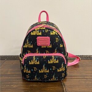 Disneyland Loungefly Sleeping Beauty Castle Backpack Pink Black Gold